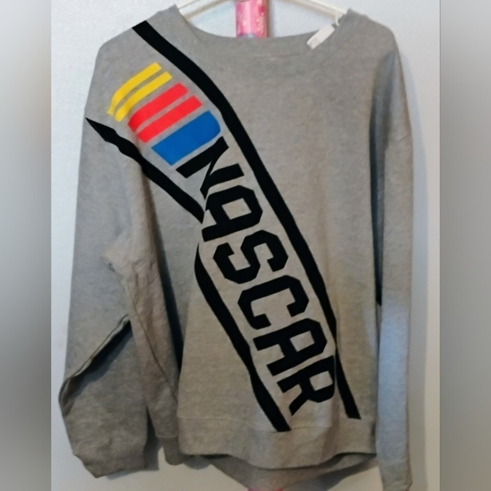 Nascar Gray Crewneck Sweater with Colorful Stripes